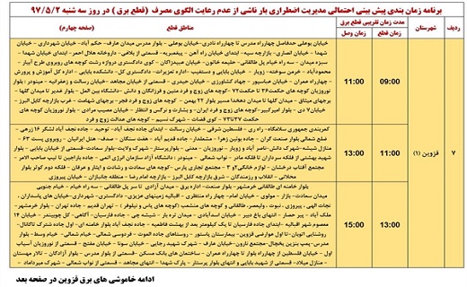 اعلام ساعت قطع برق در استان قزوین در دوم مرداد ماه