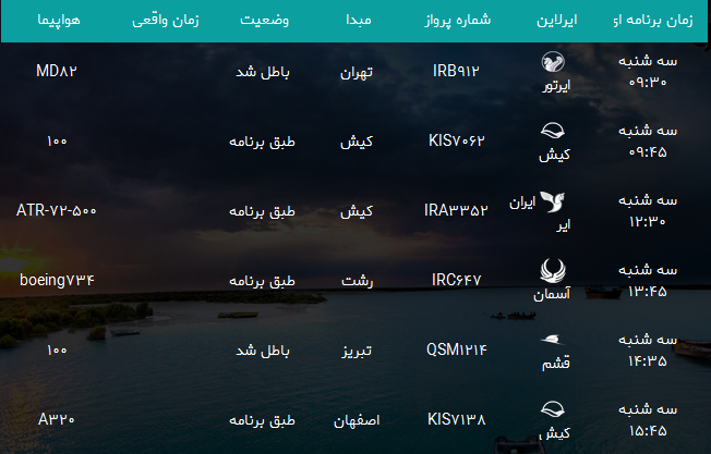 پرواز&zwnj;های فرودگاه بندرعباس سه شنبه ۲ مرداد ۹۷