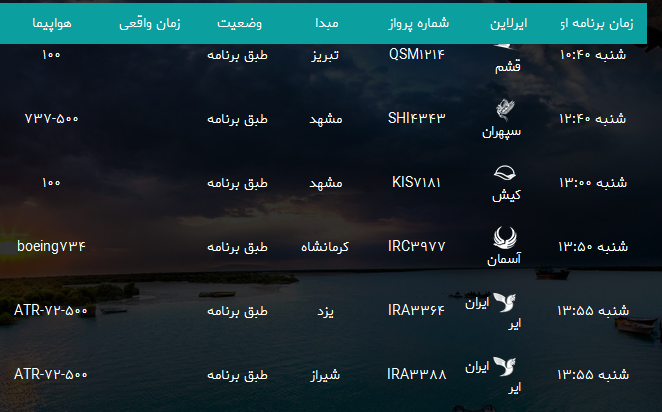 پرواز&zwnj;های فرودگاه بندرعباس شنبه ۲۰ مرداد ۹۷