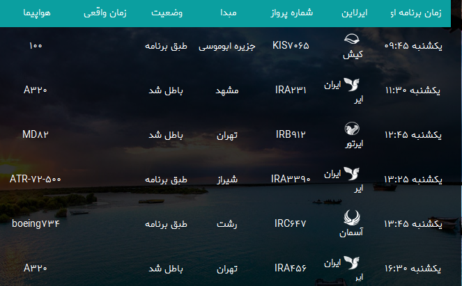 پرواز&zwnj;های فرودگاه بندرعباس یکشنبه ۲۱ مرداد ۹۷
