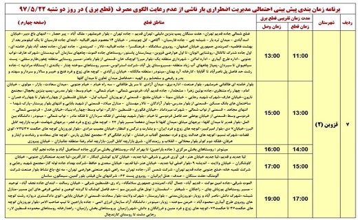 اعلام زمان قطع برق استان قزوین در ۲۲ مرداد ماه
