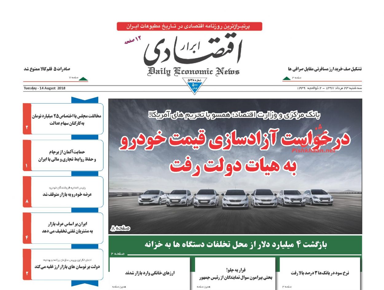 صفحه نخست روزنامه های اقتصادی 23 مردادماه