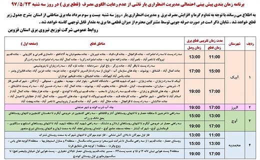 اعلام برنامه زمانبندی قطع برق در بیست و سوم مرداد ماه