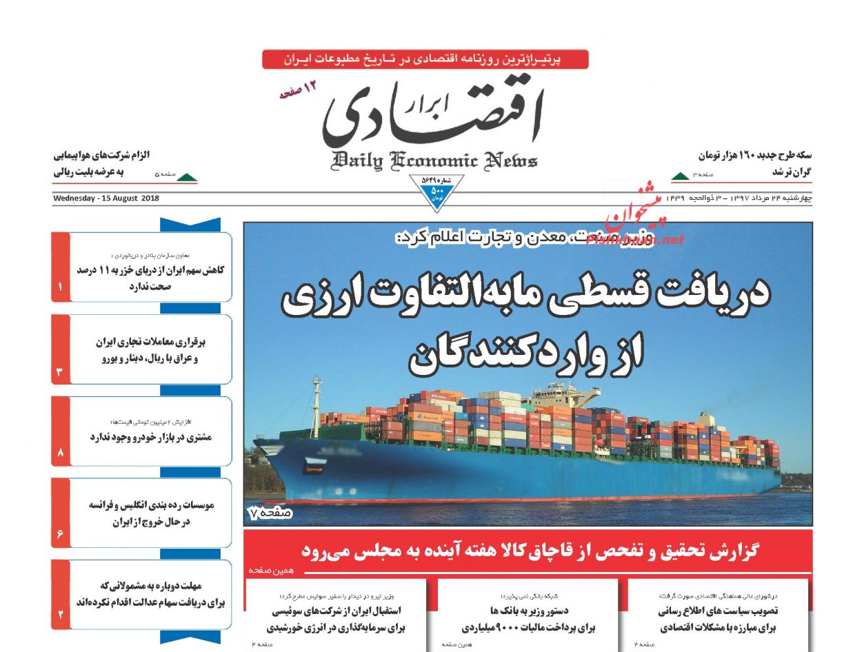 صفحه نخست روزنامه های اقتصادی 24 مردادماه