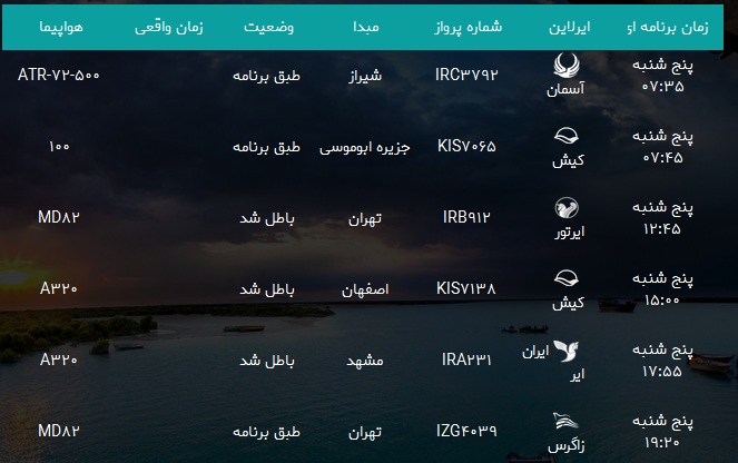 پرواز‌های فرودگاه بندرعباس پنجشنبه ۲۵ مرداد ۹۷