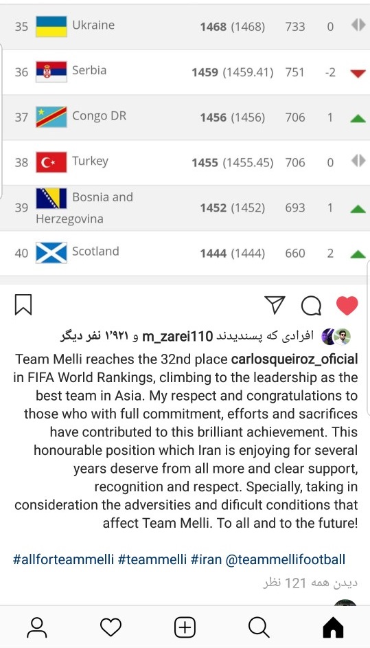 پست اینستاگرامی کی روش پس از اعلام رنکینگ جدید از سوی فیفا