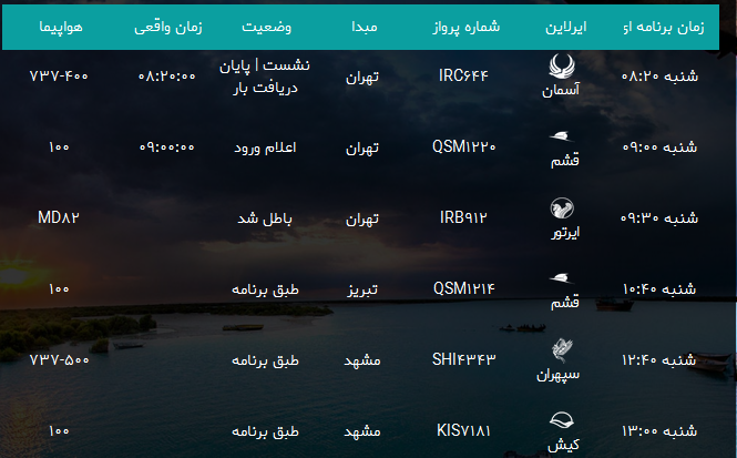 پرواز&zwnj;های فرودگاه بندرعباس شنبه ۲۷ مرداد ۹۷