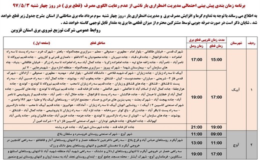 برنامه زمانبندی قطع برق در استان قزوین