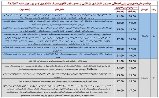 برنامه زمانبندی قطع برق در استان قزوین