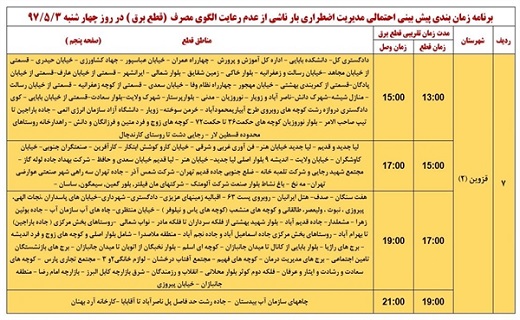 برنامه زمانبندی قطع برق در استان قزوین
