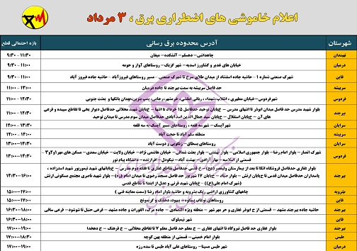 اعلام خاموشی های اضطراری برق امروز