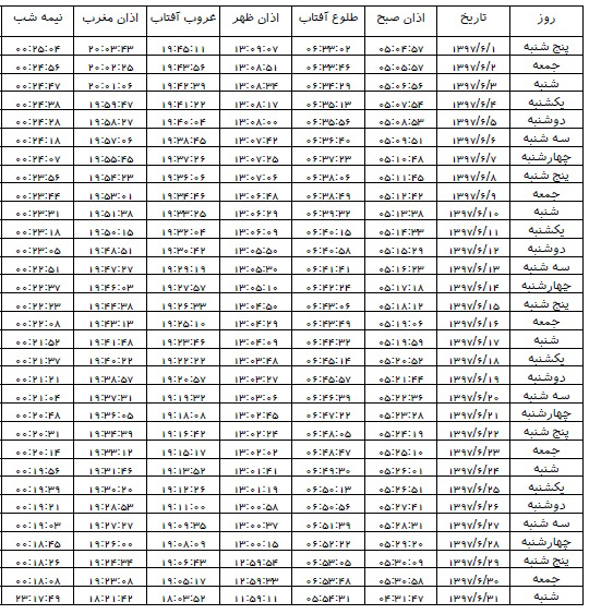 اوقات شرعی شهریور ماه ۱۳۹۷ استان قم