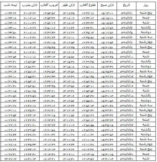 اوقات شرعی شهریور ۱۳۹۷ استان همدان