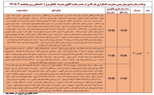 اعلام جدول زمانبندی قطع برق در استان قزوین