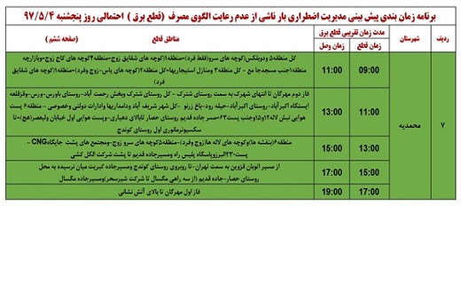 اعلام جدول زمانبندی قطع برق در استان قزوین