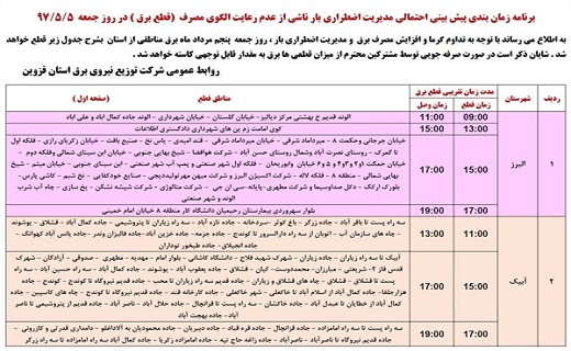جدول زمانبندی قطع برق استان قزوین در پنجم مرداد ماه