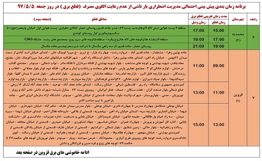 جدول زمانبندی قطع برق استان قزوین در پنجم مرداد ماه