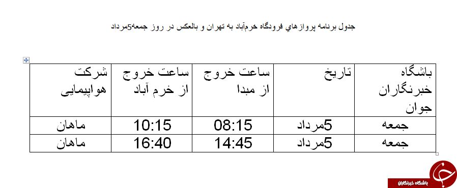 برنامه پرواز&zwnj;های فرودگاه خرم&zwnj;آباد در روز ۵ مردادماه ۱۳۹۷