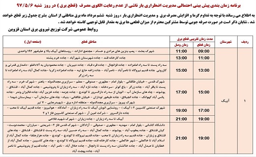 اعلام ساعت قطع برق در استان قزوین