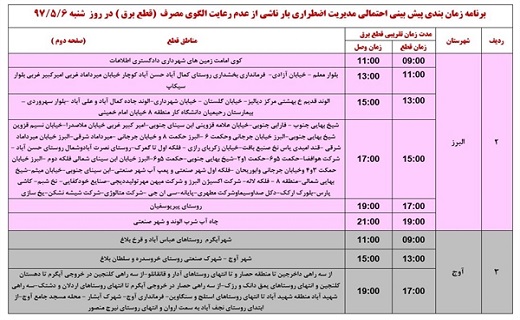 اعلام ساعت قطع برق در استان قزوین