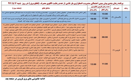 اعلام ساعت قطع برق در استان قزوین