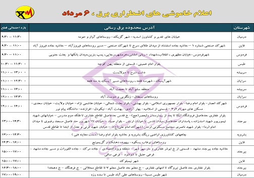 اعلام خاموشی های اضطراری برق امروز