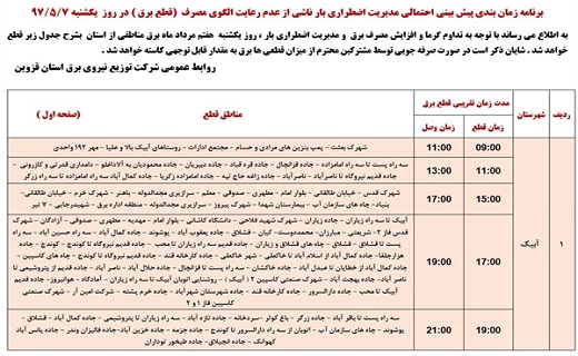 برنامه قطع برق استان قزوین در هفتم مرداد ماه