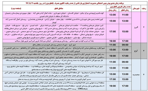 برنامه قطع برق استان قزوین در هفتم مرداد ماه
