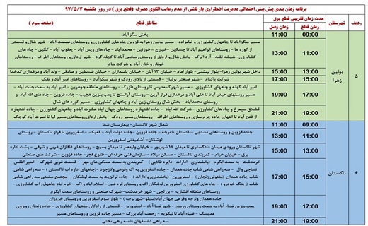 برنامه قطع برق استان قزوین در هفتم مرداد ماه