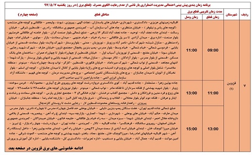 برنامه قطع برق استان قزوین در هفتم مرداد ماه