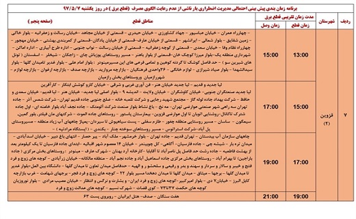 برنامه قطع برق استان قزوین در هفتم مرداد ماه