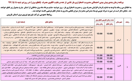 اعلام جدول زمانبندی خاموشی های احتمالی برق در استان قزوین
