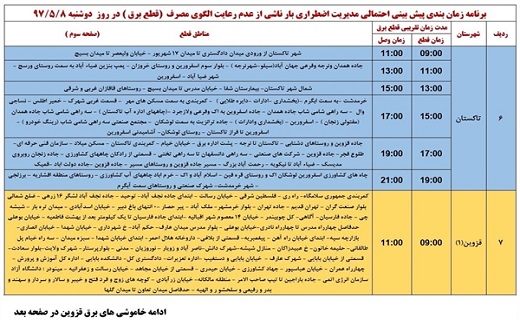اعلام جدول زمانبندی خاموشی های احتمالی برق در استان قزوین