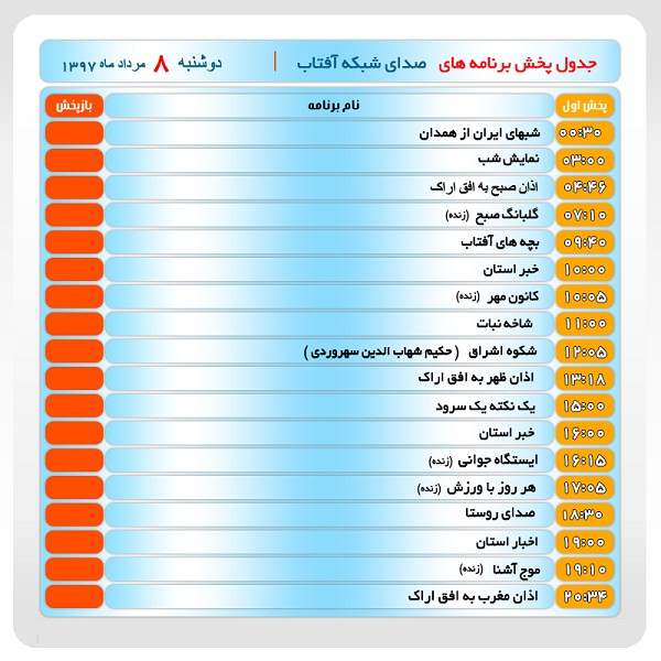 برنامه&zwnj;های صدای شبکه آفتاب در هشتم مرداد ماه۹۷