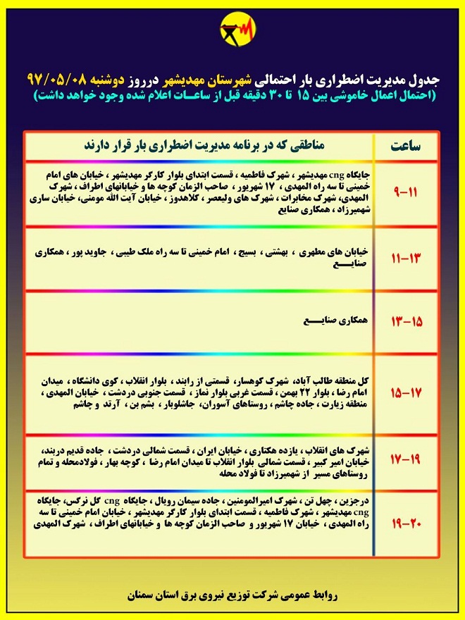 اعلام جدول خاموشی روز دوشنبه در استان سمنان