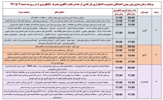 اعلام ساعت قطع برق استان قزوین در نهم مرداد ماه