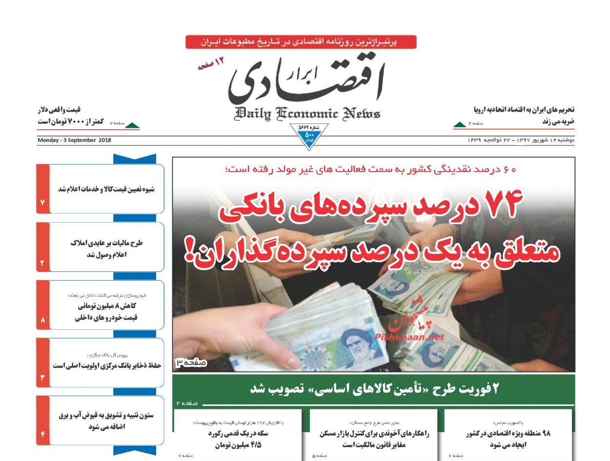 صفحه نخست روزنامه های اقتصادی 12 شهریورماه