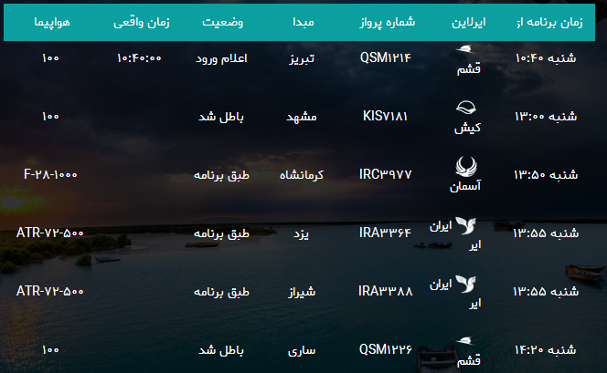پرواز‌های فرودگاه بندرعباس شنبه ۱۷ شهریور ۹۷