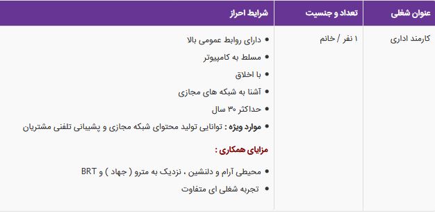 استخدام کارمند اداری خانم در مجموعه تمام در تهران