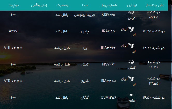 پرواز&zwnj;های فرودگاه بندرعباس دوشنبه ۱۹ شهریور ۹۷