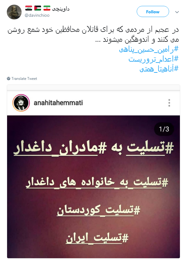 پست جنجالی آناهیتا همتی در رابطه با اعدام یک تروریست+ تصاوریر