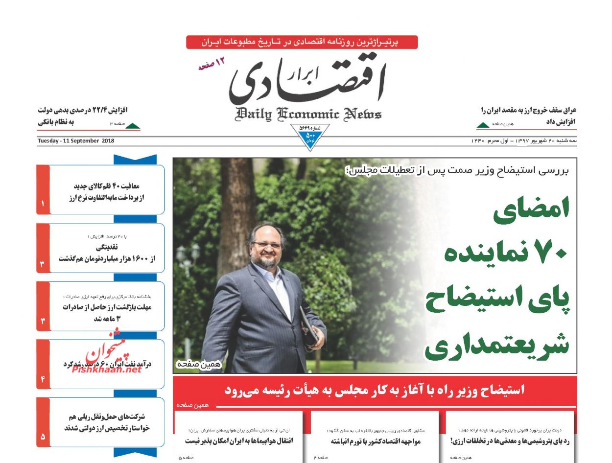 صفحه نخست روزنامه های اقتصادی 20 شهریورماه