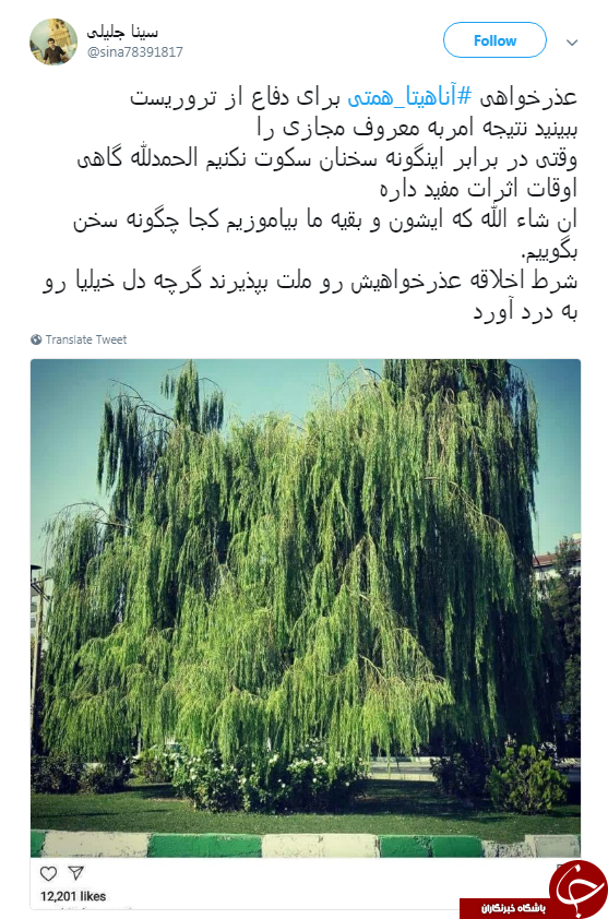 عذرخواهی آناهیتا همتی به خاطر حمایتش از یک تروریست +عکس