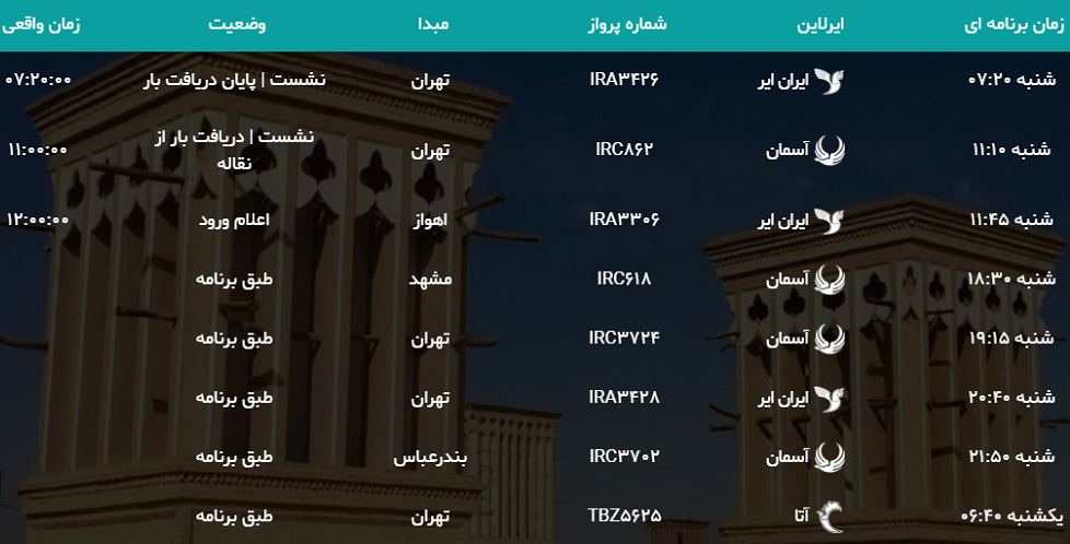 پرواز&zwnj;های شنبه ۲۴ شهریور ماه فرودگاه&zwnj;شهید صدوقی یزد