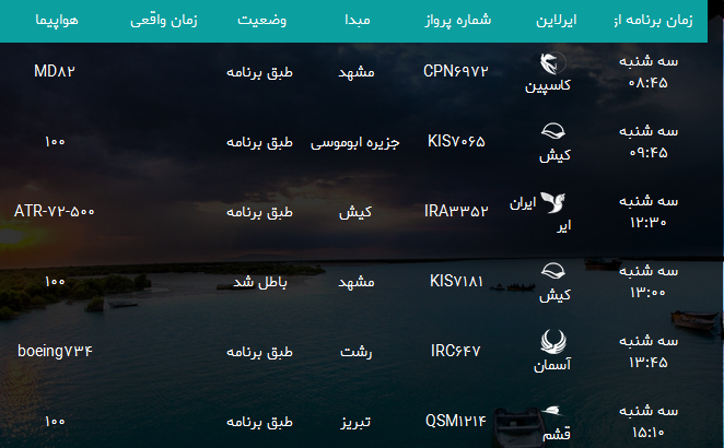 پرواز&zwnj;های فرودگاه بندرعباس سه شنبه ۲۷ شهریور ۹۷
