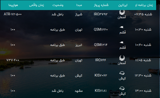 پرواز&zwnj;های فرودگاه بندرعباس شنبه ۳۱ شهریور ۹۷
