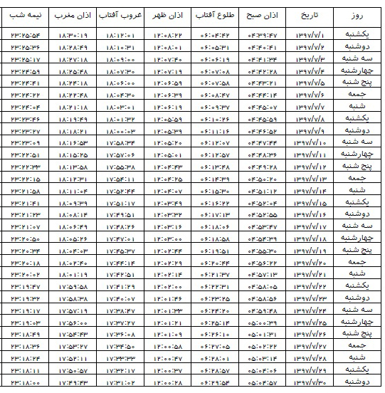 اوقات شرعی مهر ۱۳۹۷ استان زنجان