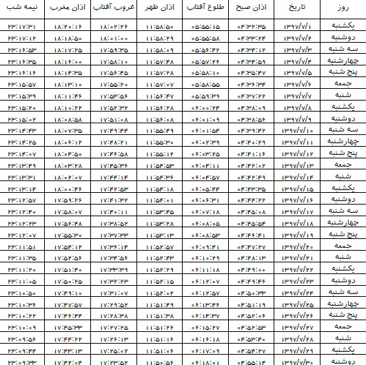 اوقات شرعی مهر ماه ۱۳۹۷ استان قم
