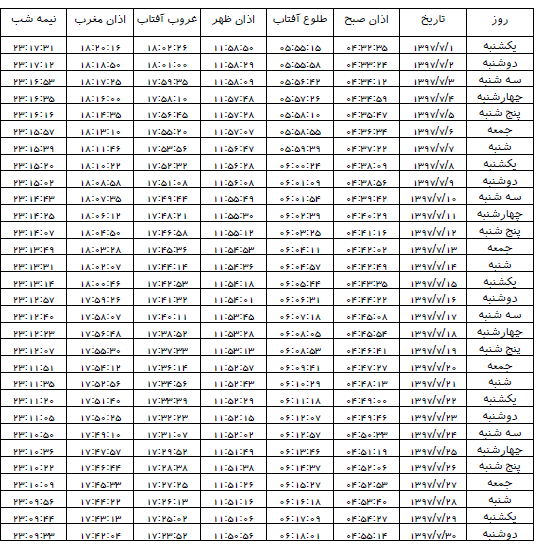 اوقات شرعی مهر ۱۳۹۷ استان کردستان
