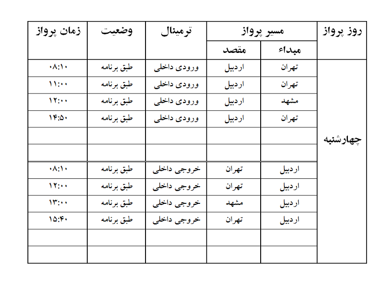پروازهای فرودگاه اردبیل چهارشنبه 7 شهریور ماه